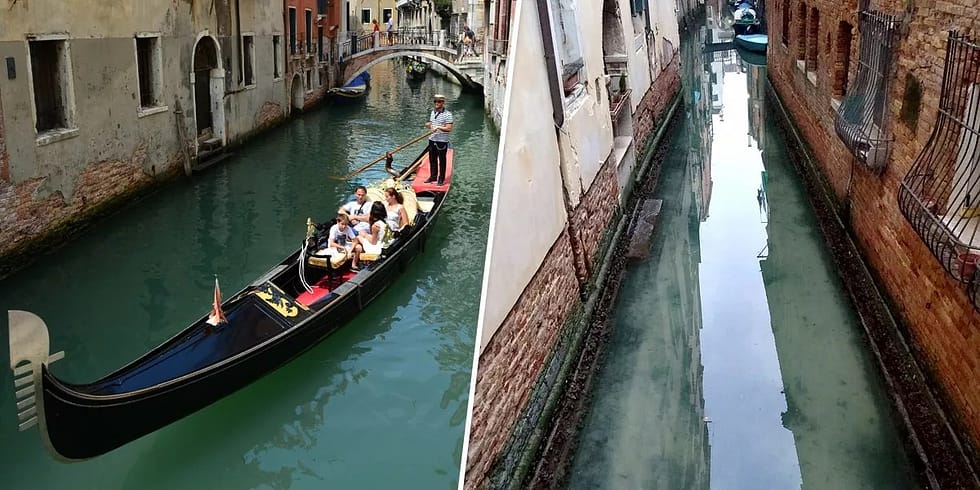 Tourists on a Venice canal in 2013 VS Water in Venice's canals appeared to run clearer in the absence of boat traffic in early March, 2020