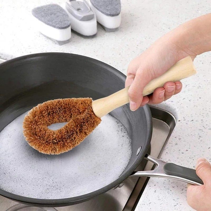 ecofworld Natural Wooden Dish Brush Long Handle Pan Pot Brush Dish