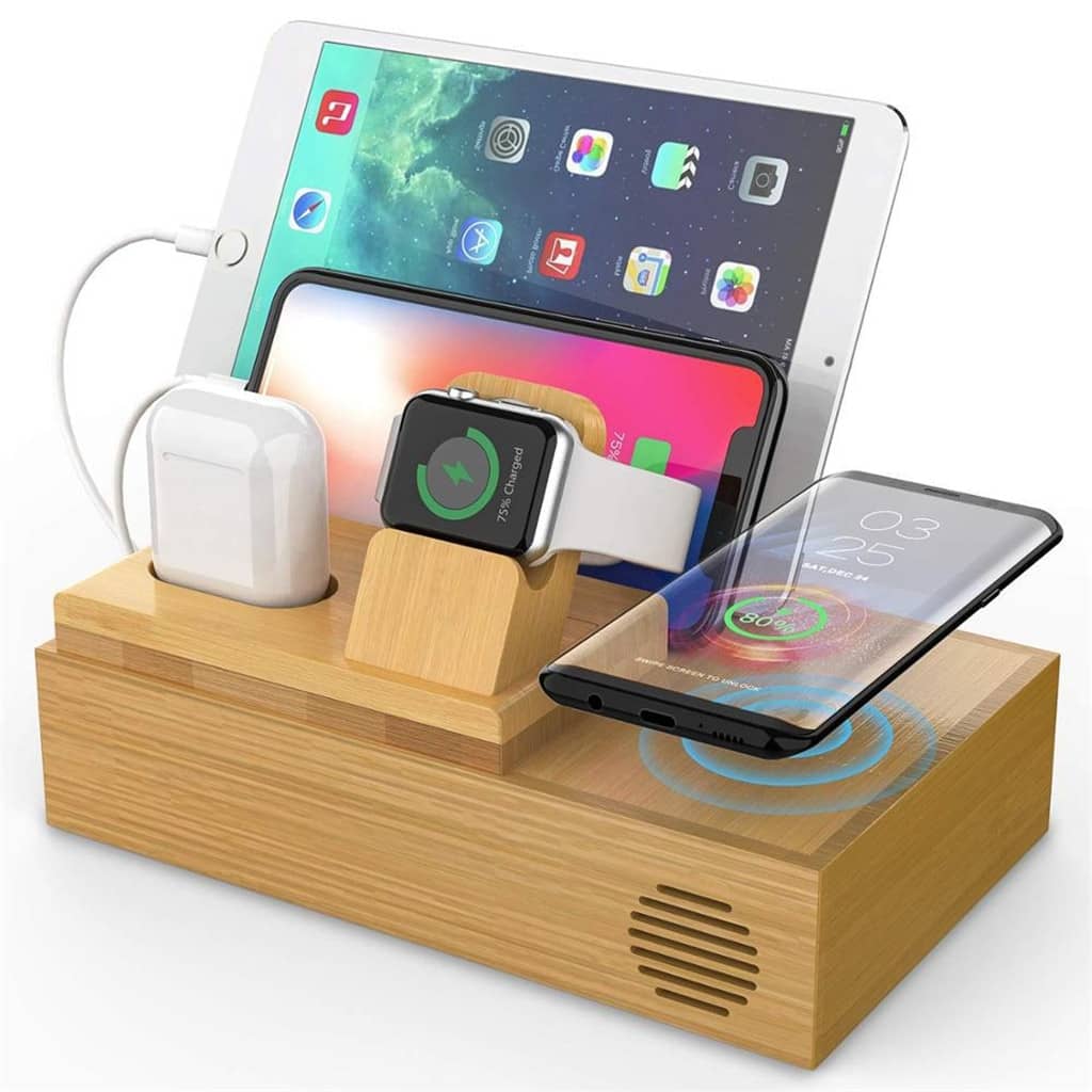 4 USB Bamboo Wireless Charging Dock Organizer Fast 18W Wall PD Charger iPhone Cell Phone iPad Smart Watch AirPod | Home Office Accessories