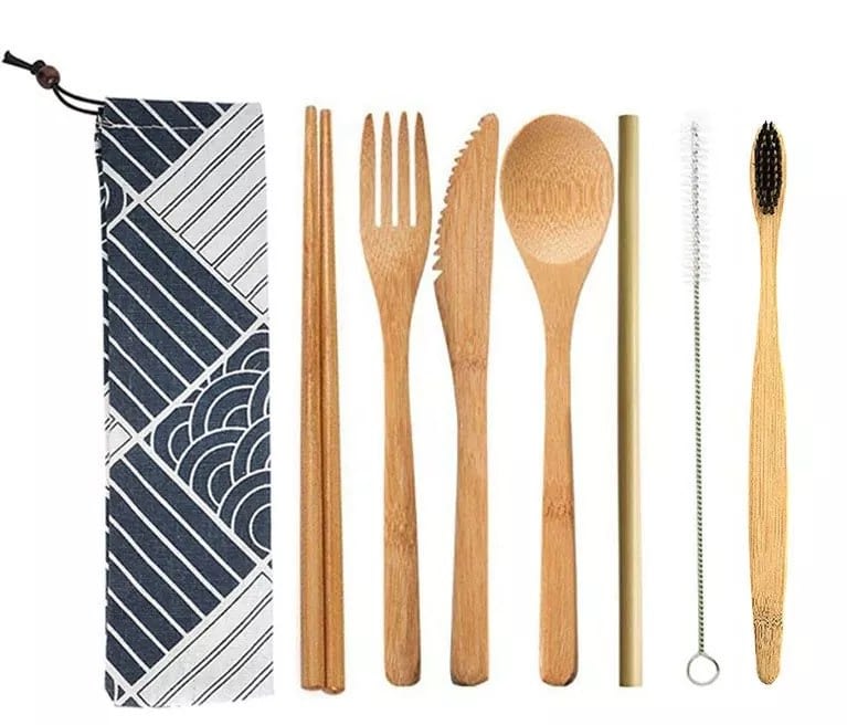 Eco-Friendly Bamboo Cutlery Set| Reusable Travel Cutlery Flatware Set Spoon and Straw| Wooden Cutlery Set Fork Organic Cutlery Set with Travel Pouch|Time To Bamboo™ Green Knife 