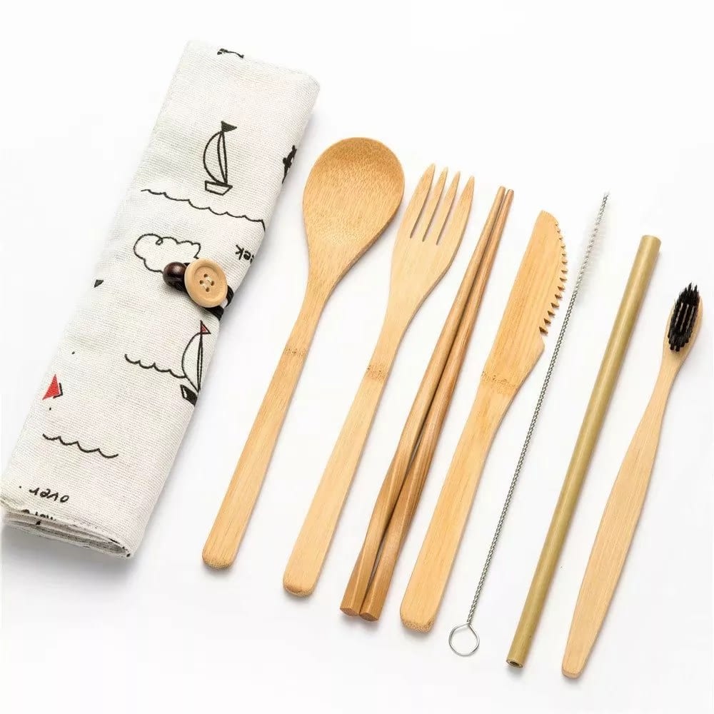 Straw-cleaning Brush Chopsticks Fork Bamboo Cutlery Set Travel Utensils Beige Spoon Serrated Cutter Stainless Steel Straw Reusable Portable Eco Wood Tableware with Pouch for Kids & Adults 