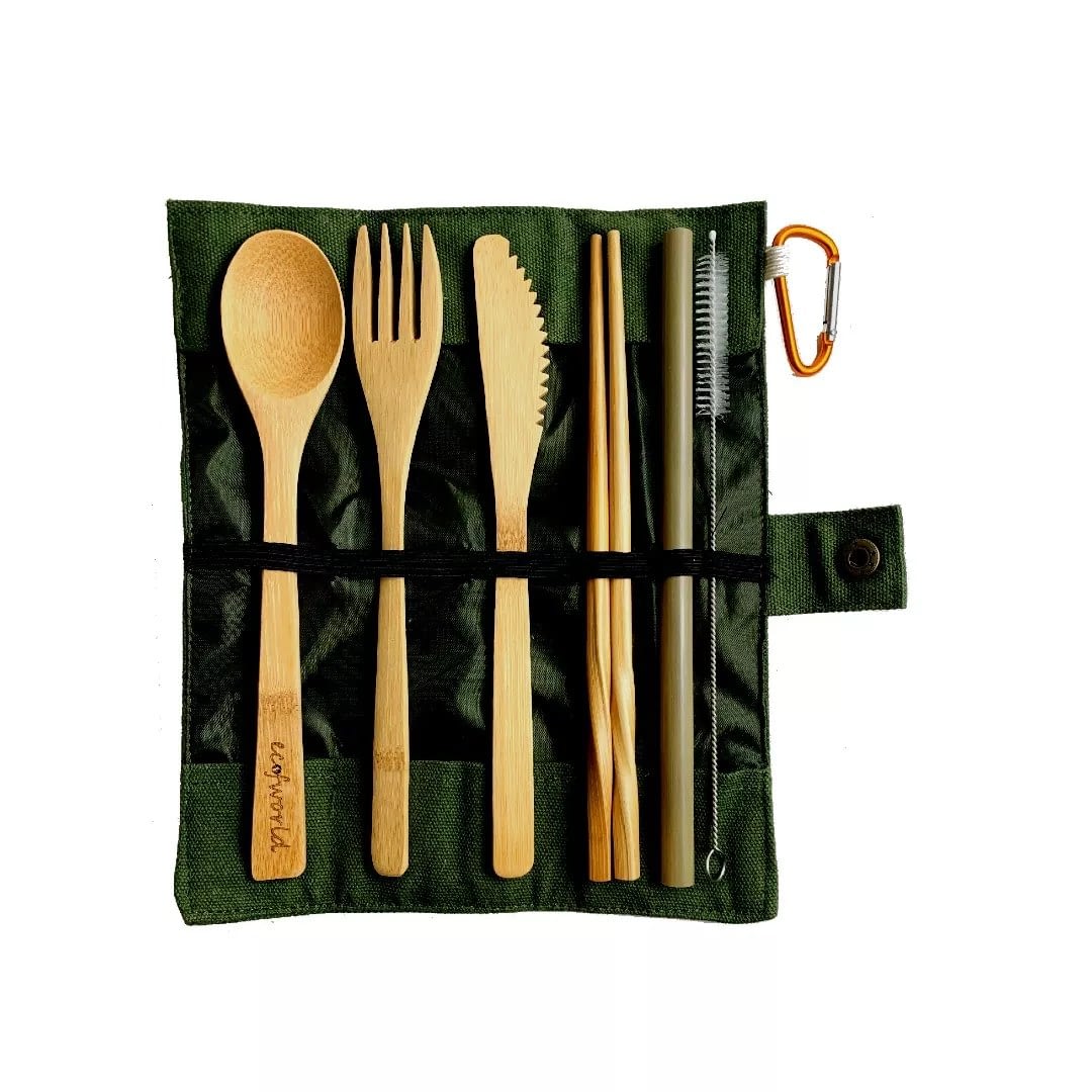Spoon Light + Case Eco Bravo Reusable Bamboo Cutlery Set Travel-Friendly Set Chopsticks & Straw Pouch & Brush Light Knife - Bamboo Fork Camping Utensils Zero-Waste Bamboo Cutlery 